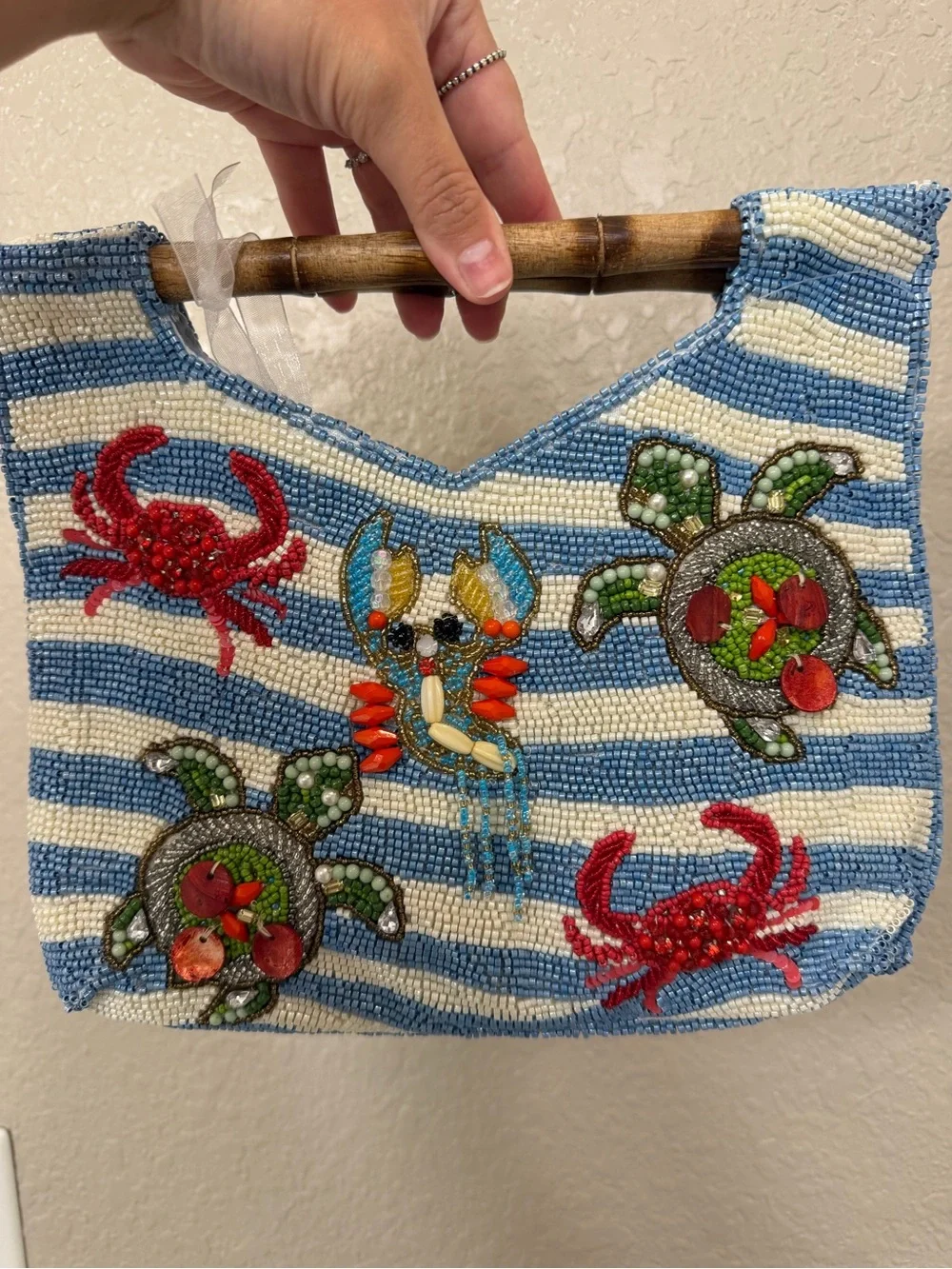 Viral Turtle & Crabs Blue White Striped Bamboo Handle Beaded Clutch - FIRM PRICE